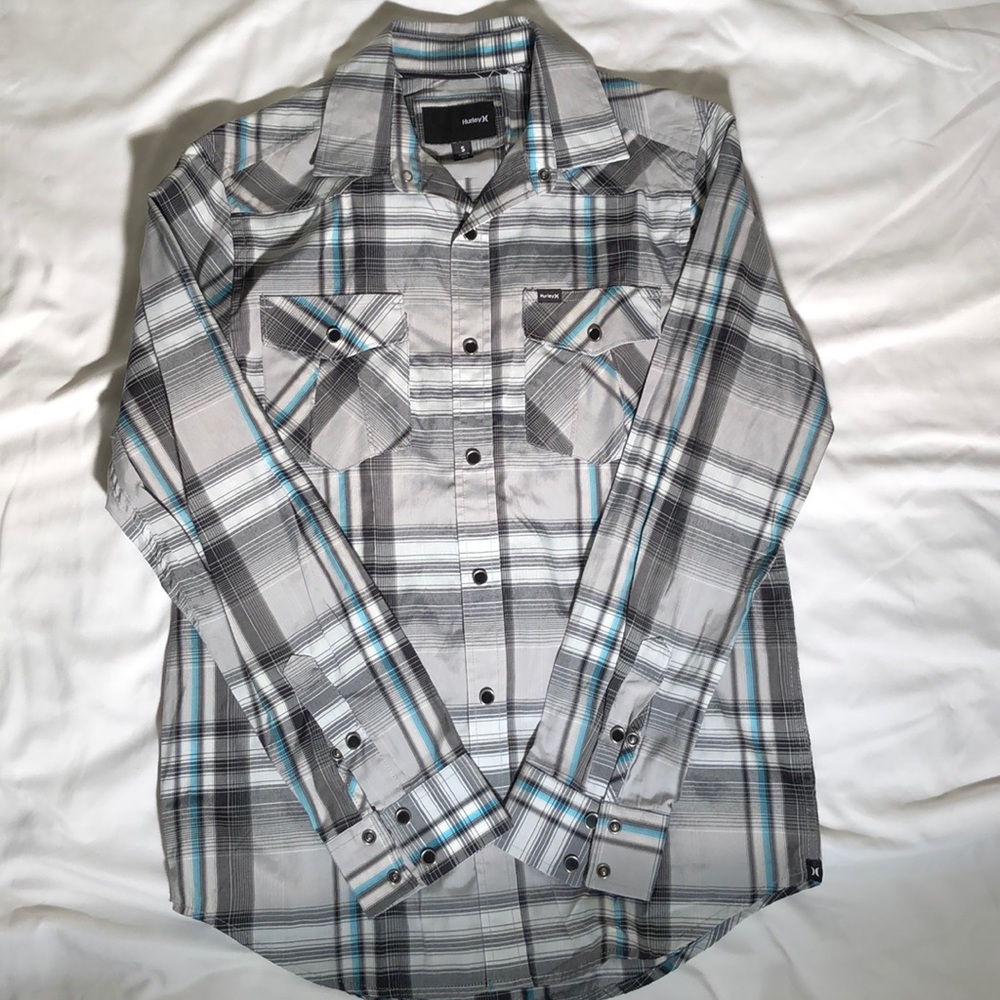 Hurley Men’s Small Grey/Blue Plaid Button Down